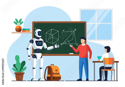 AI in Education: Robot and Teacher Collaborating in a Modern Classroom Illustration for Future Learning