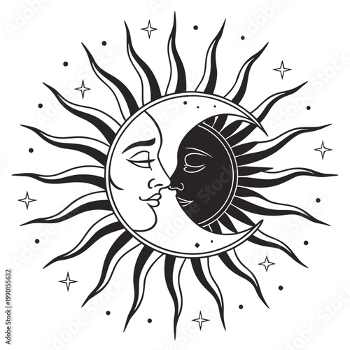 Astrology sun moon face vector, celestial body illustration, black and white starry night sky symbol, cosmic mystic sign