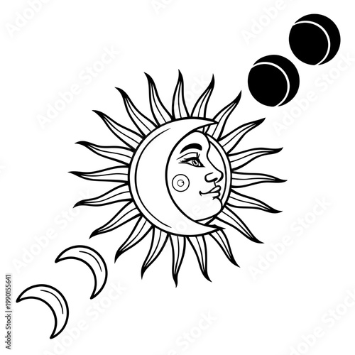 Sun and Moon Phases, Celestial Vector Icons, Lunar Cycle, Astronomy Symbols, Black and White Illustration