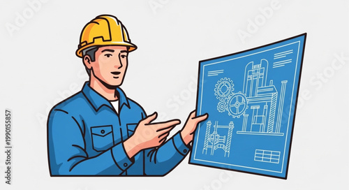Construction worker holding blueprint plans for building project.
