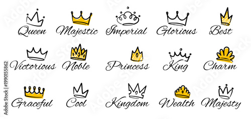 Queen crown sketch. King logo doodle crown design, queen prince princess hand drawn luxury royal crowns icons with calligraphic lettering. Vector tiara isolated set