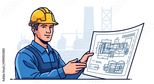 Construction worker holding blueprints on a building site.
