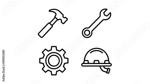 Minimal Line Tools Icon Pack – Hammer Wrench Gear Helmet Vector Set