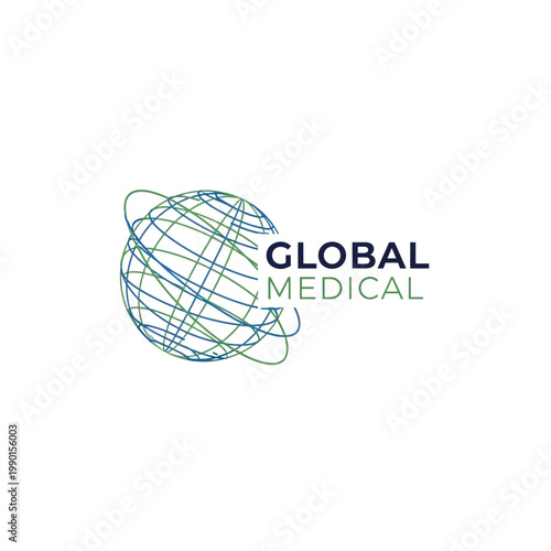 Abstract Global Medical Network Logo Design with Lined Globe and Text on Isolated White Background