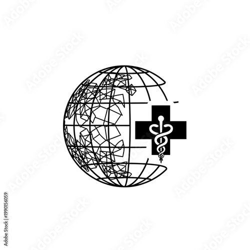 Global Healthcare Globe with Medical Cross and Caduceus Symbols Logo isolated white background