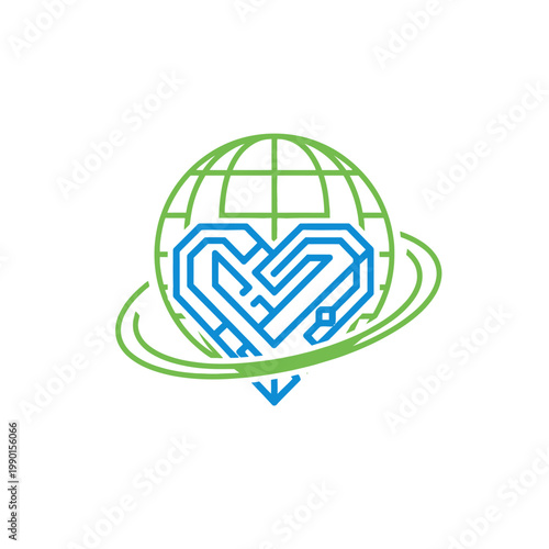 Global Health Green Wireframe Globe with Digital Heart Circuit Logo in bright studio