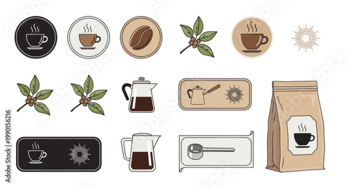 Coffee Icons Set: Beans, Branches, Cups, Moka Pot, Bag, Spoon - Vintage Style