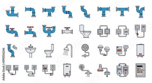 Plumbing & Electrical Fixtures Icons Set: Pipes, Toilets, Sinks, Showers, Outlets, Heaters