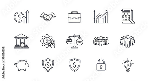 Business Finance Icons Set: Finance, Investment, Security, Teamwork, Growth, Legal