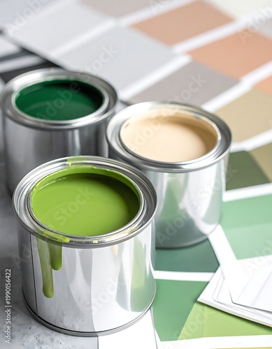 A close-up of three paint cans with color swatches