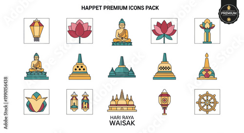 Buddhist Icons Collection: Buddha, Lotus, Stupa, Lantern, Dharma Wheel