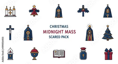 Christmas Midnight Mass Icons: Christian Symbols, Nativity, Festive Decorations