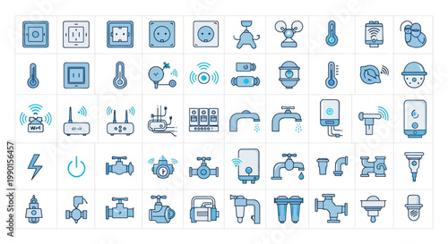 Smart Home Technology Icons: Plumbing, Electricity, Internet & Climate Control