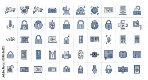 Security Icons Set: Surveillance Cameras, Locks, Fingerprints, Alarms, Safes, Phones