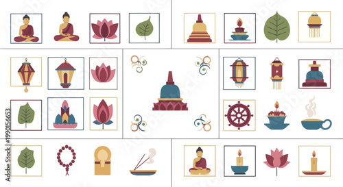 Buddhism Symbols Collection: Buddha, Lotus, Stupa, Dharma Wheel, Incense, Lanterns