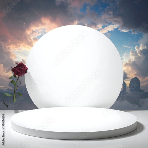 A white circular platform with a red rose and cloudy sky