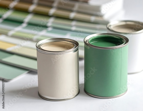 A close-up of two paint cans with color swatches