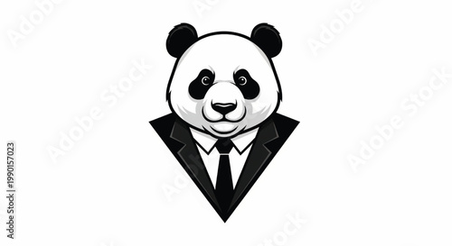 Panda head logo icon wearing a formal suit and tie with cartoon mascot style on a clean background featuring face emblem, tuxedo, vector with