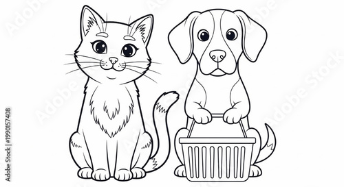 Cat character illustration holding a laundry basket with floppy ears and cute cartoon expression on white background