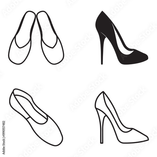 Four different types of shoes including high heels and flats  various styles and designs  footwear collection