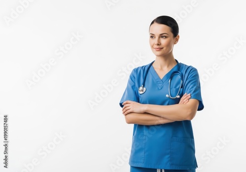 Confident nurse standing with arms crossed in medical scrubs