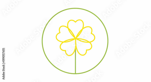 Clover icon with four yellow leaves and a green circular outline on a white background featuring shamrock, luck, lucky symbol with Saint Patrick and