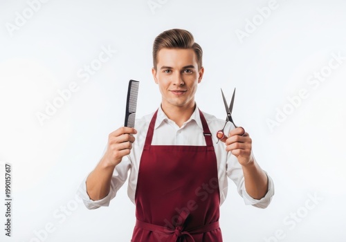 Bartender dressed as a barber holding hair tools and scissors instead of cocktail tools