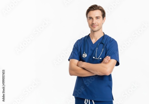 Confident medical professional standing with arms crossed in blue scrubs