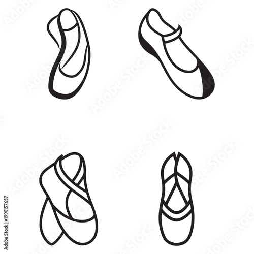 Four different views of ballet shoes in simple line art style for dance or ballet concept  various angles of a simple black and white drawing of ballet slippers