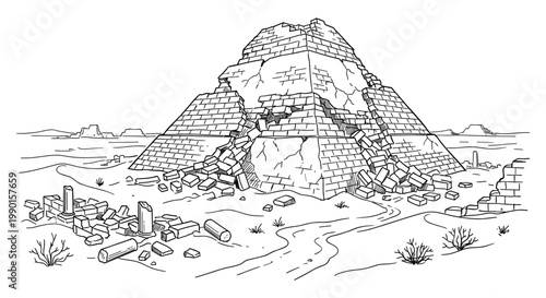 Ruined ancient pyramid with rubble scattered around in desert landscape hand drawn illustration.