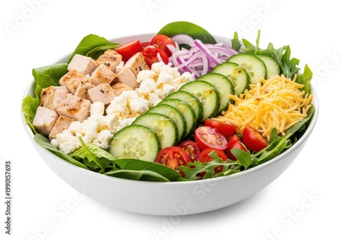 Colorful and nutritious chicken salad with fresh vegetables in a bowl