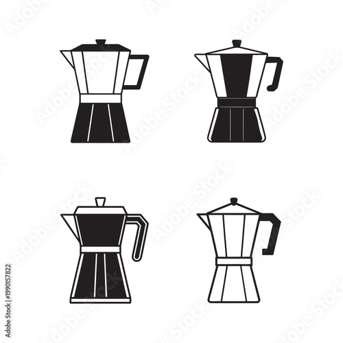 Four different views of espresso coffee maker pot  various angles  kitchen appliances  coffee brewing device