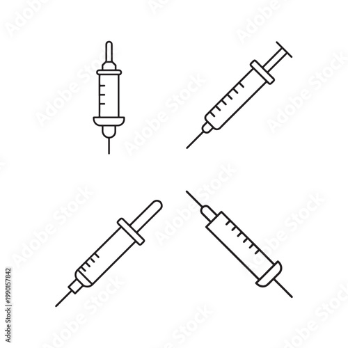 Four different views of medical syringes with needles for injection or vaccination  various angles and line styles