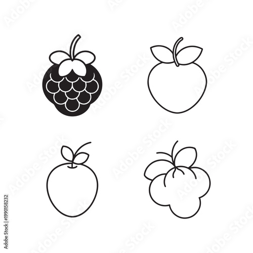 Four fruits icons in line style including raspberry and apples with leaves on white background  simple hand drawn illustrations of berry and apples