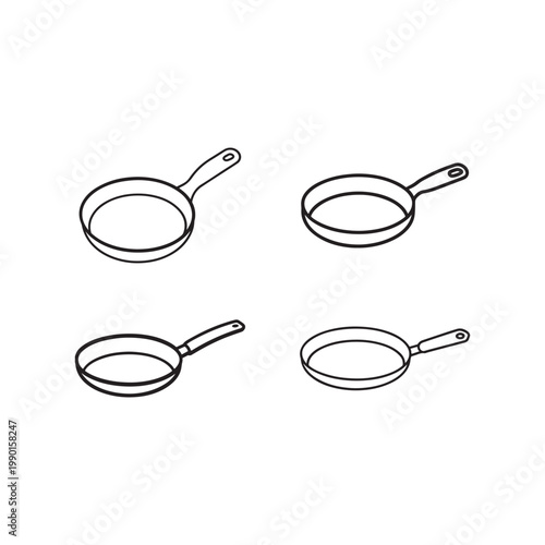Four frying pans in different orientations for cooking and kitchen use  simple line drawings of empty pans