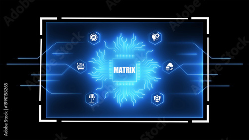 Valokuva Glowing blue digital interface featuring a central processor chip with the word