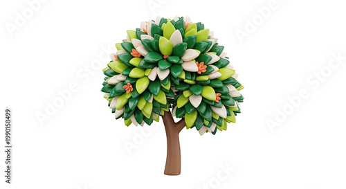 Stylized Tree with Multi-Colored Leaves and Small Orange Flowers