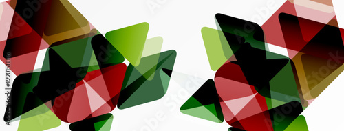 Abstract geometric shapes overlap, creating dynamic visual texture. Red, green, pink hues dominate white background. Modern design element.