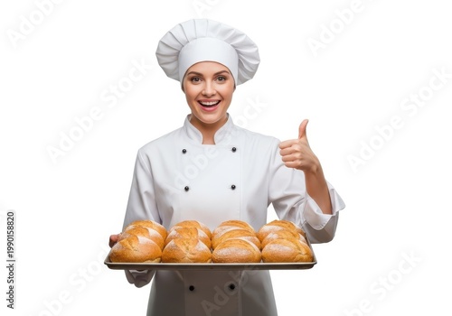 Chef proudly displaying freshly baked pastries with a thumbs-up gesture