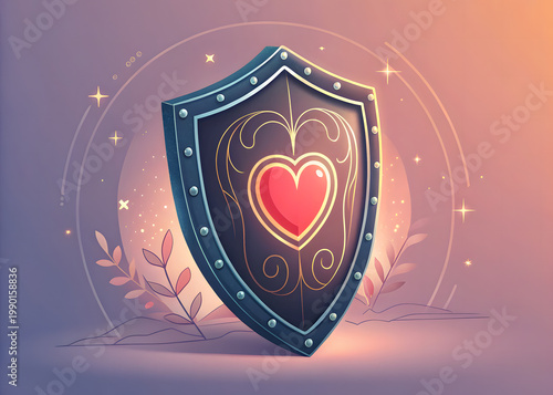 Realistic heart illustration with shield icon and protective circle, 3d render illustration