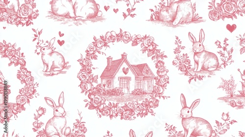 Vintage pink toile pattern with rabbits, floral wreaths, small houses and hearts on white background