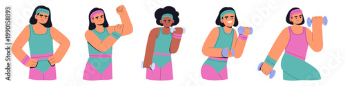 Flat illustration set of women doing fitness exercises with dumbbells. Modern colorful cartoon style representing sport, wellness, gym activity, and empowerment through exercise and physical activity.