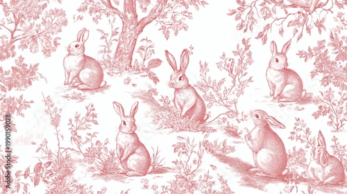 Vintage toile pattern with hand-drawn rabbits in various poses on white background, monochrome dusty pink, pastoral scenes and foliage.