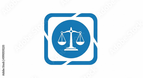 Scales icon inside blue square with chat bubble arrows, legal justice concept for court and arbitration apps