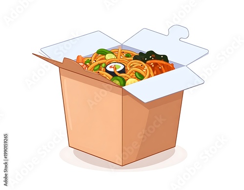A brown cardboard box filled with noodles and vegetables
