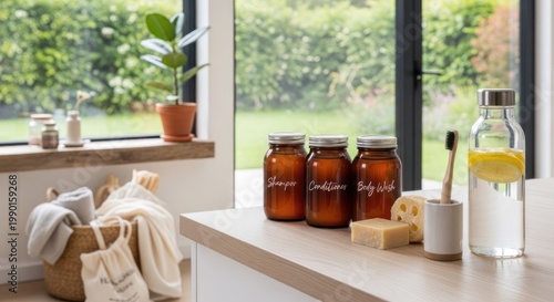 A kitchen counter with jars of homemade body care products, a toothbrush, and a glass bottle with a lemon slice. The background shows a window with a view of greenery outside.