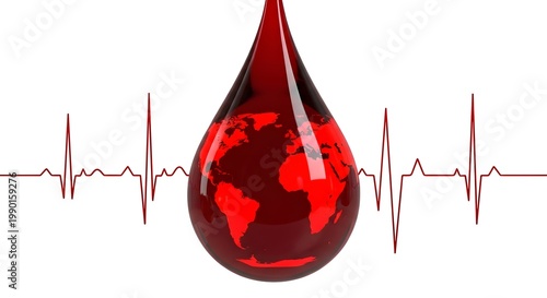 Red blood drop with world map inside and ecg line on white background