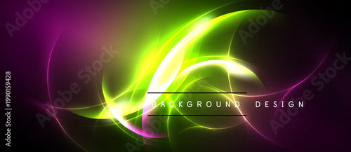 Bright abstract lines create dynamic energy. Vivid purple, green hues dominate dark background. Modern design element.