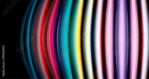 Abstract colorful stripes form curved pattern against black background. Vibrant hues create dynamic visual effect.