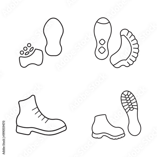 Line drawing of various shoe soles and boots in different positions and angles for footwear design and illustration
